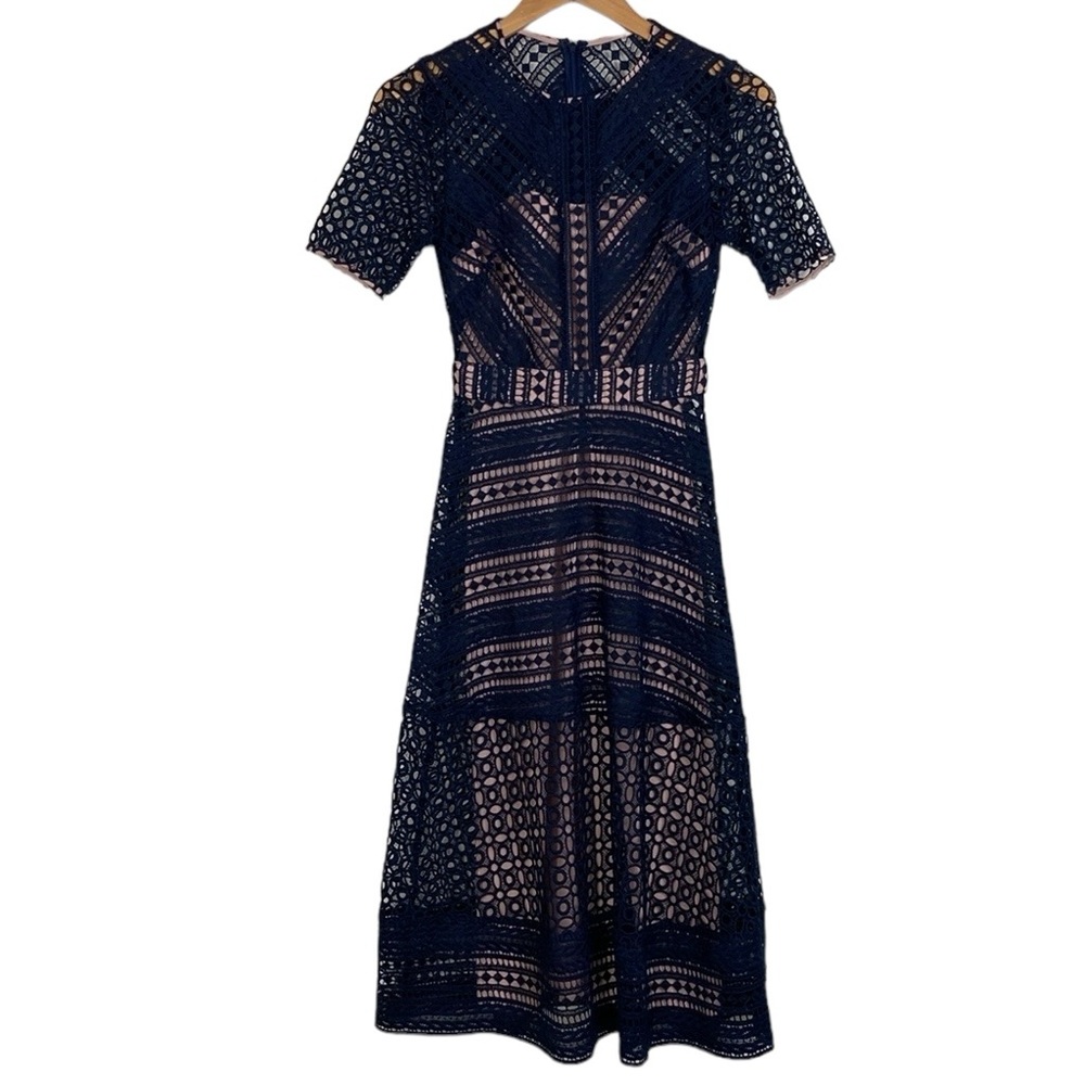 NEW Asos Navy Blue Fitted Lace Midi Tea Length Dress